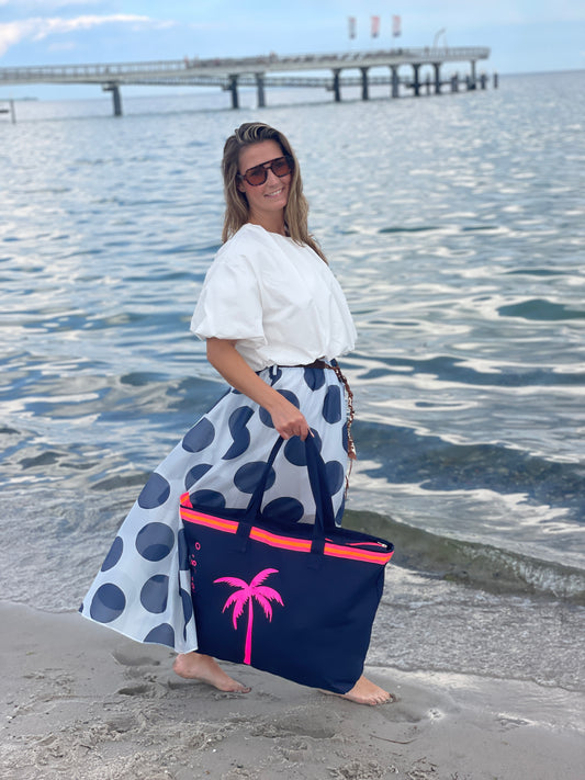 XL Canvas Shopper Strandtasche blau pinke Palme