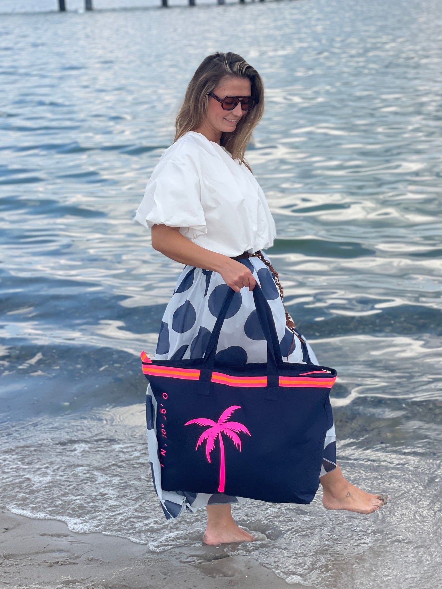XL Canvas Shopper Strandtasche blau pinke Palme