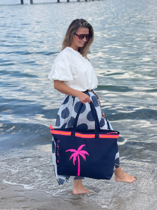 XL Canvas Shopper Strandtasche blau pinke Palme
