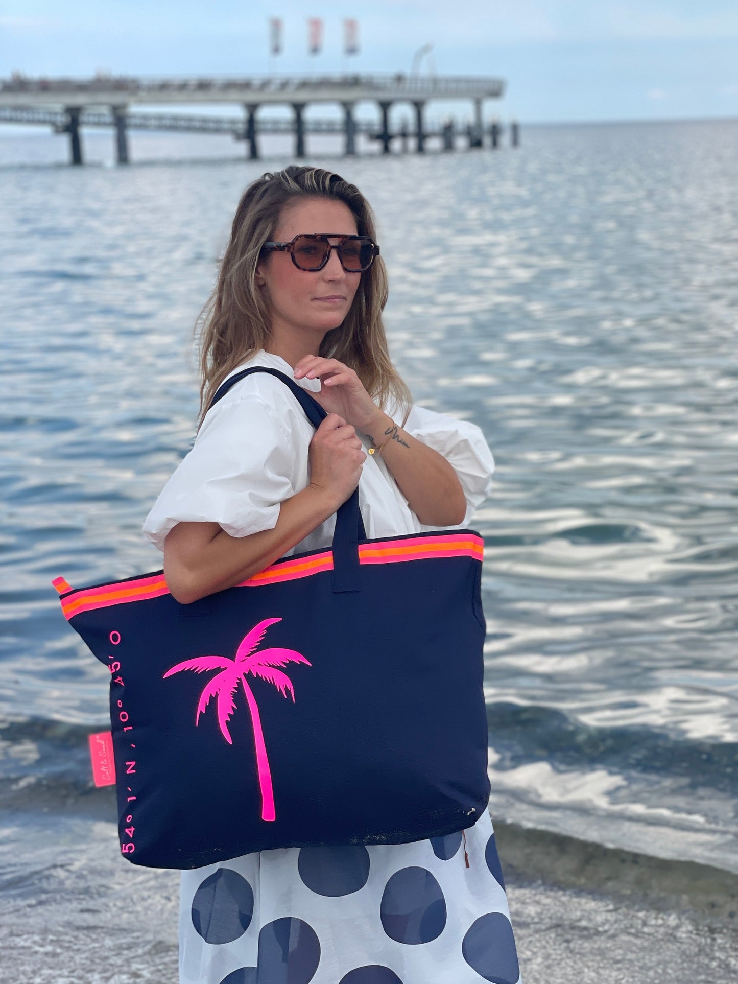 XL Canvas Shopper Strandtasche blau pinke Palme