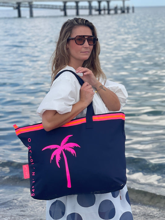 XL Canvas Shopper Strandtasche blau pinke Palme