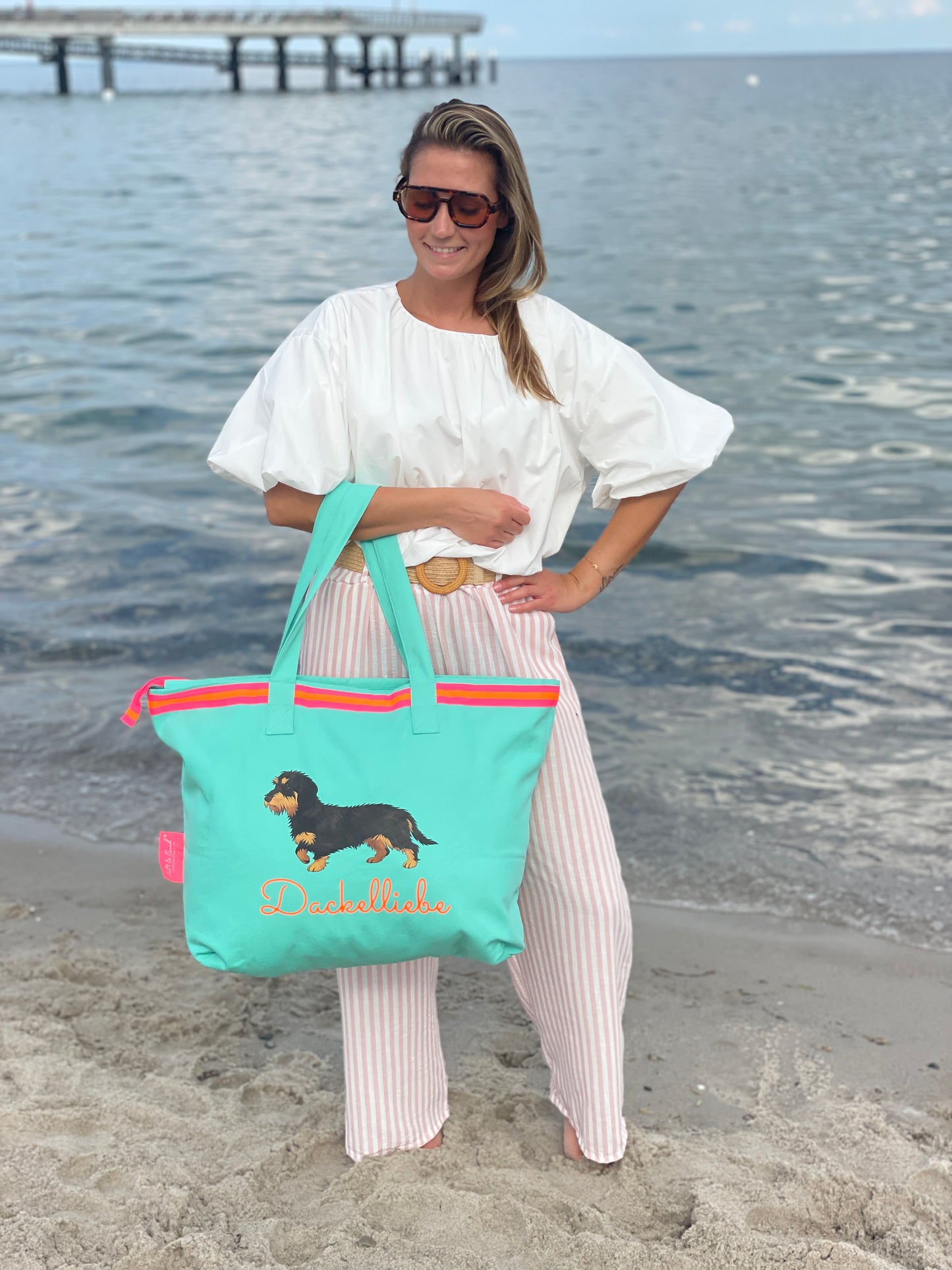 XL Canvas Shopper Strandtasche türkis Dackelliebe Rauhaardackel