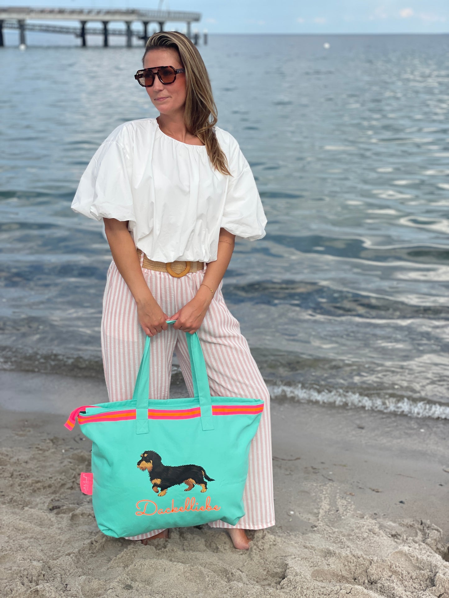 XL Canvas Shopper Strandtasche türkis Dackelliebe Rauhaardackel
