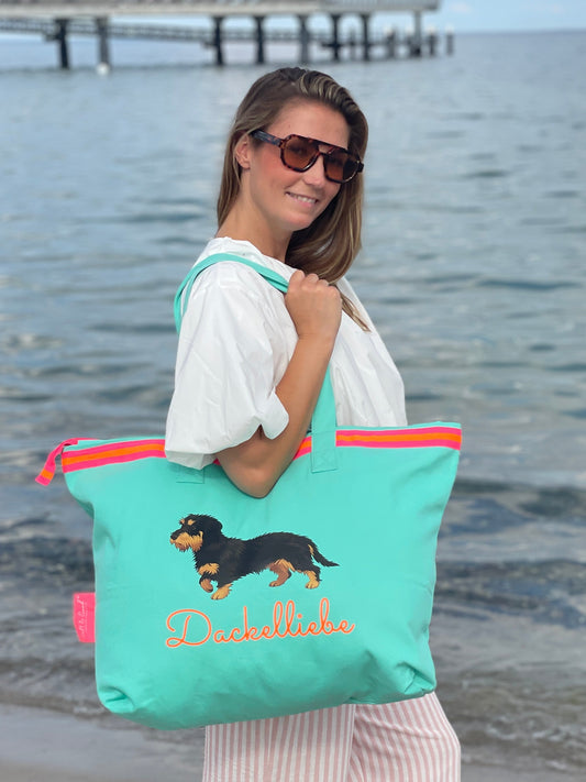 XL Canvas Shopper Strandtasche türkis Dackelliebe Rauhaardackel