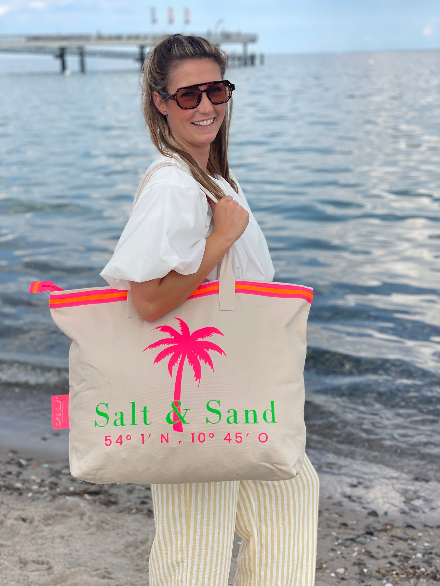 XL Canvas Shopper Strandtasche beige Palme