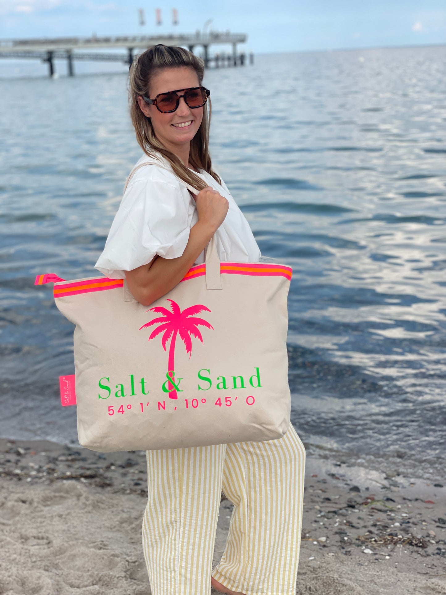 XL Canvas Shopper Strandtasche beige Palme