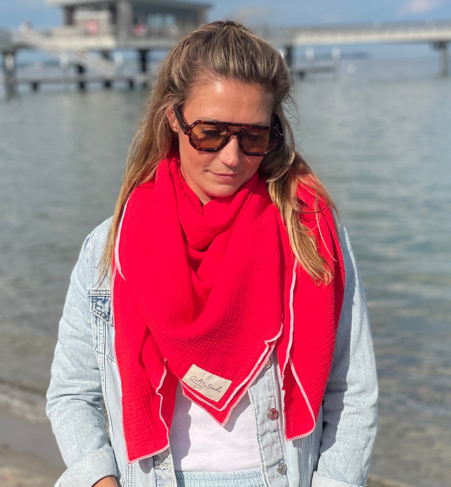 Musselin Tuch Damen l Rot mit Rosa