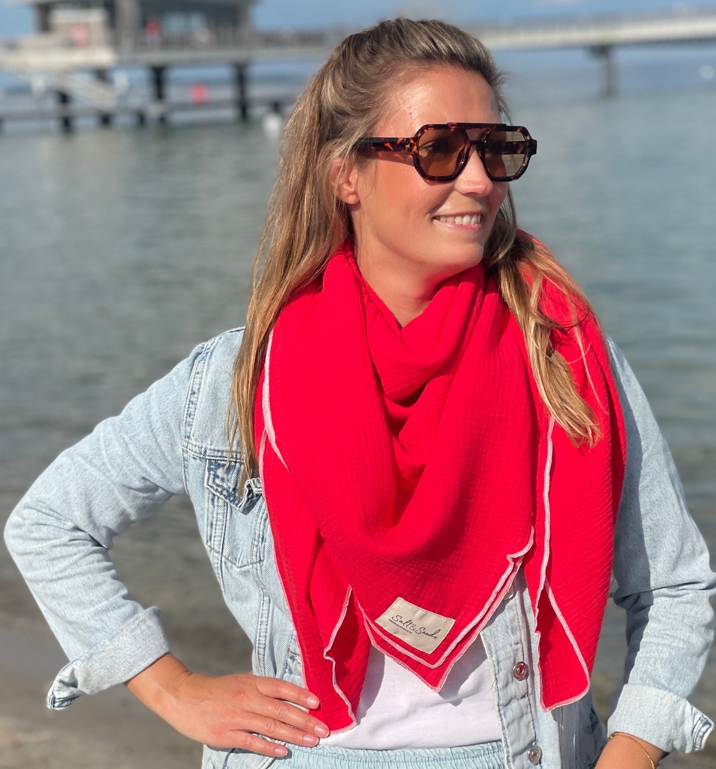 Musselin Tuch Damen l Rot mit Rosa