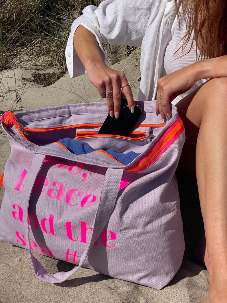 XL Canvas Shopper Strandtasche lavendel Love peace and the sea
