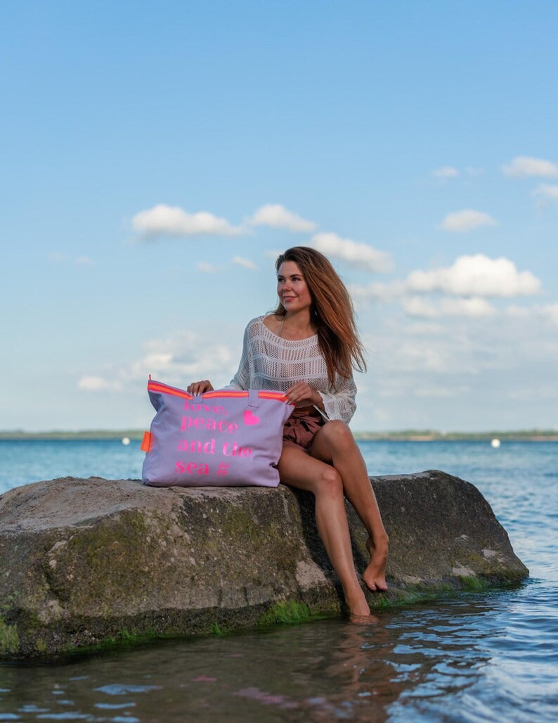 XL Canvas Shopper Strandtasche lavendel Love peace and the sea