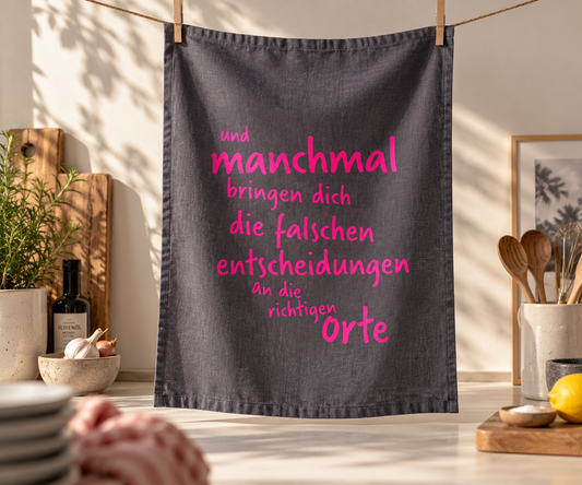 Geschirrtuch Entscheidungen – Grau mit pinkem Spruch