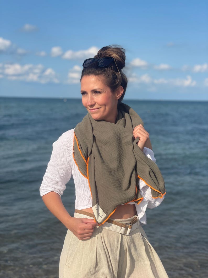 Musselin Tuch Damen l Oliv mit Neon Orange