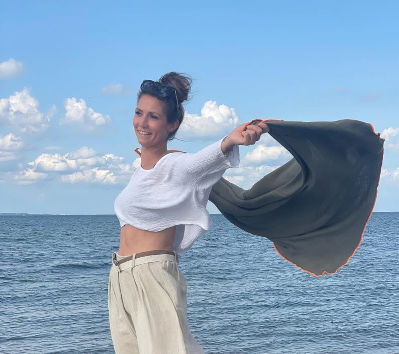 Musselin Tuch Damen l Oliv mit Neon Orange