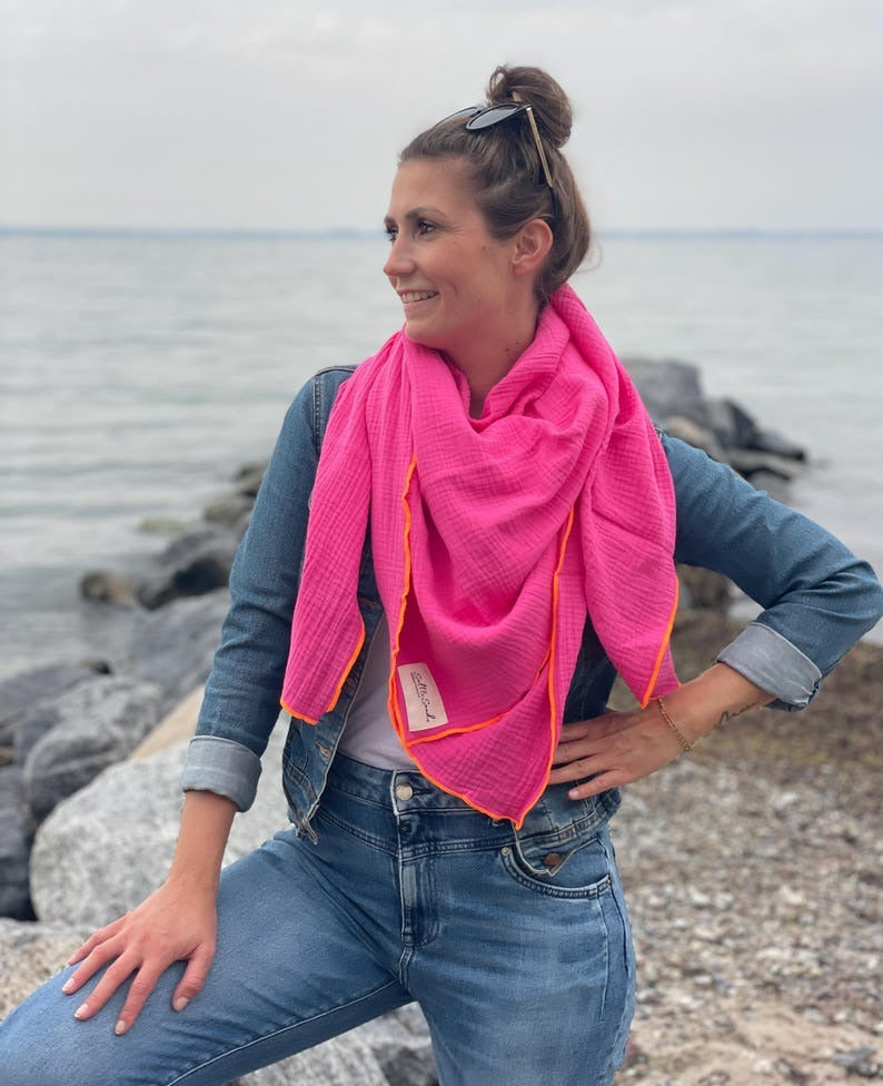 Musselin Tuch Damen l Pink mit Neon Orange