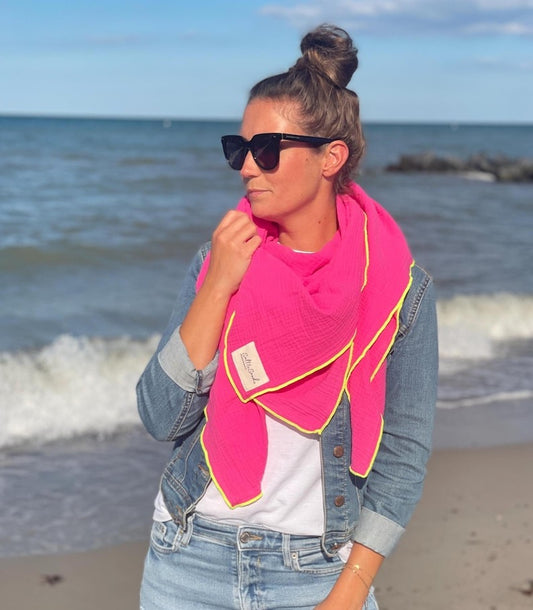 Musselin Tuch Damen l Pink mit Neon Gelb