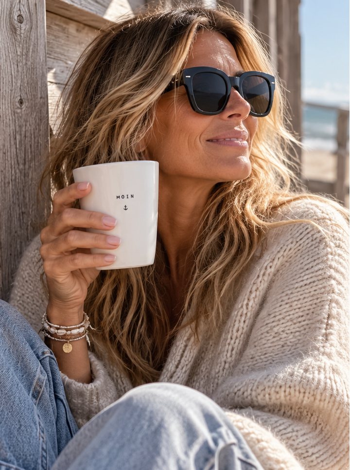 MOIN Becher mit Anker – Maritime Keramiktasse ohne Henkel - weiss