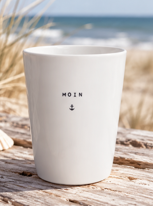 MOIN Becher mit Anker – Maritime Keramiktasse ohne Henkel - weiss