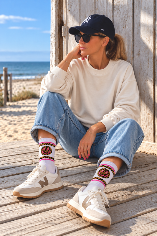 Leo Smiley Sportsocken Weiß Neonpink | Tennissocken