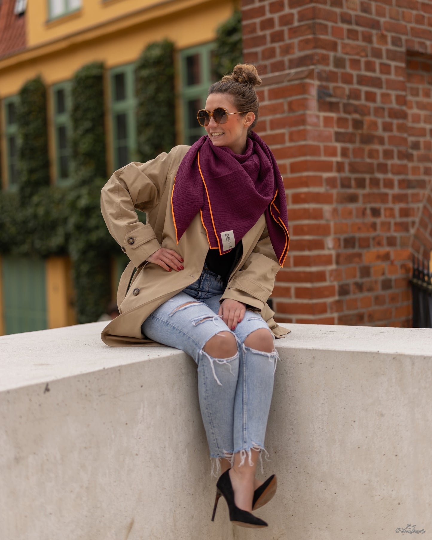 Musselin Tuch Damen l Bordeaux mit orange
