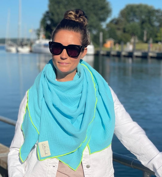 Musselin Tuch Damen l Türkis mit Neon Gelb