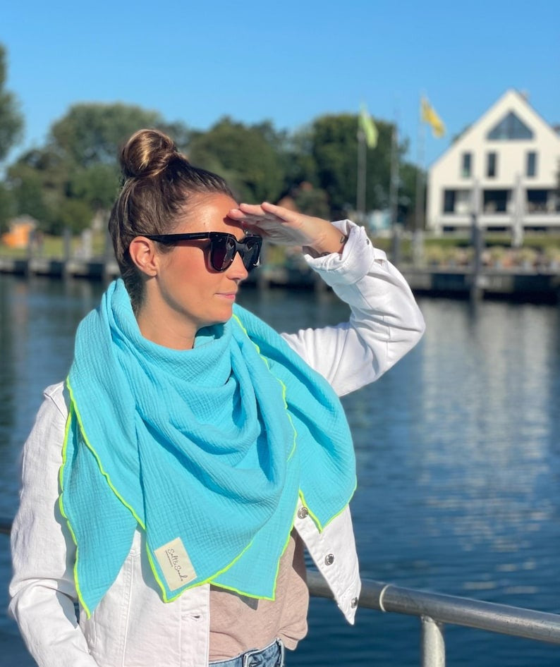 Musselin Tuch Damen l Türkis mit Neon Gelb