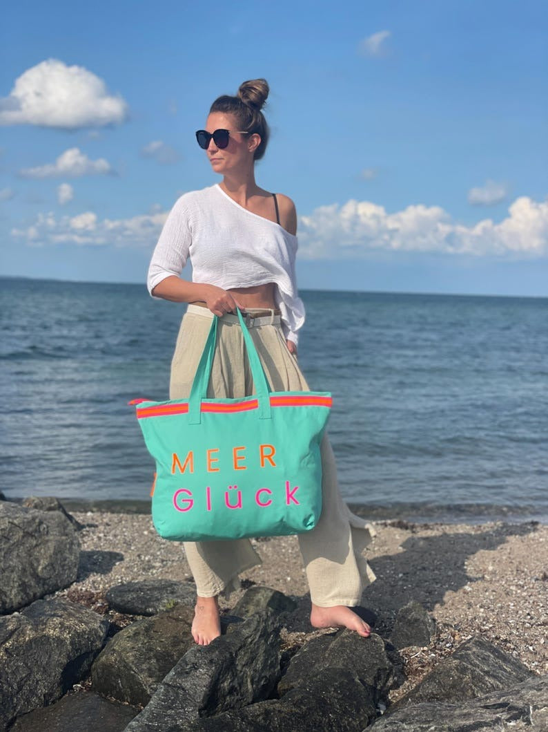 XL Canvas Shopper Strandtasche türkis MEER Glück