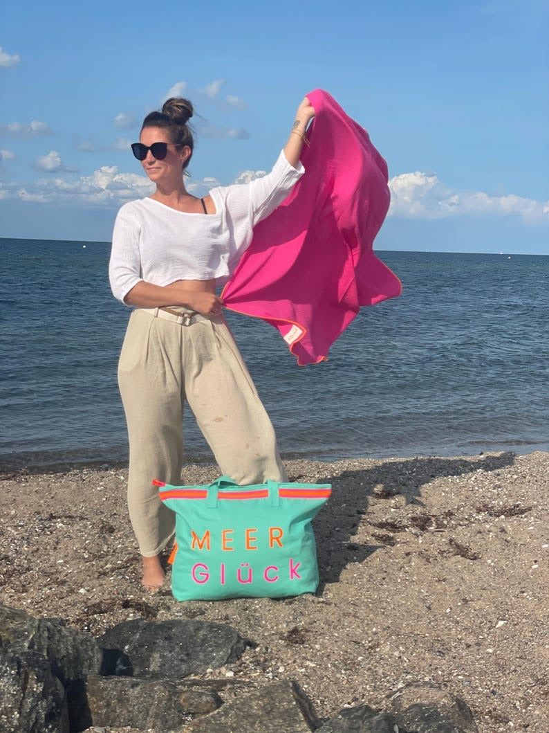 XL Canvas Shopper Strandtasche türkis MEER Glück