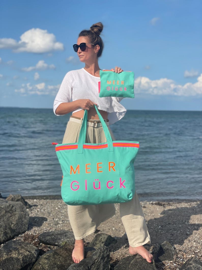 XL Canvas Shopper Strandtasche türkis MEER Glück