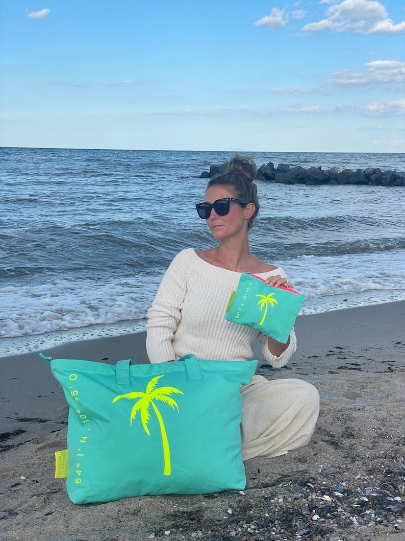 XL Canvas Shopper Strandtasche türkis Palme