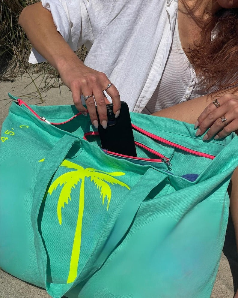 XL Canvas Shopper Strandtasche türkis Palme