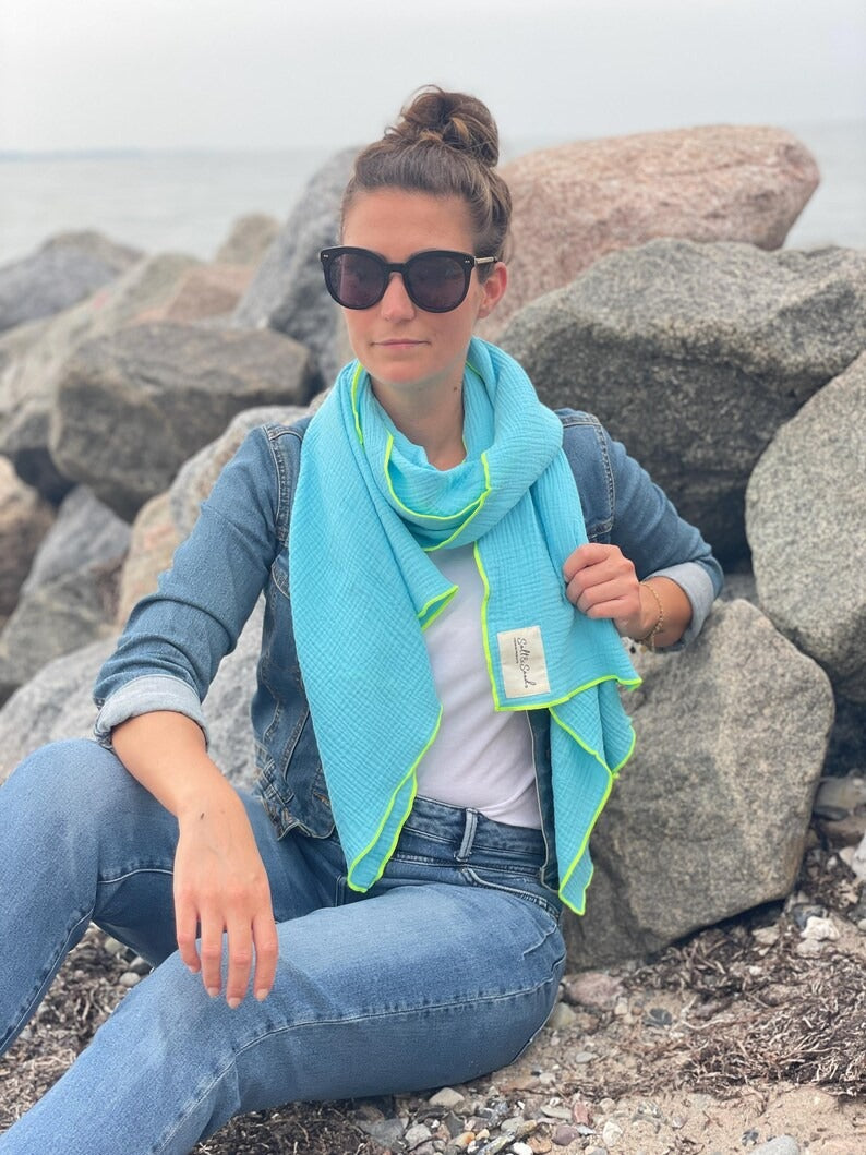 Musselin Schal Damen l Türkis mit Neon Gelb