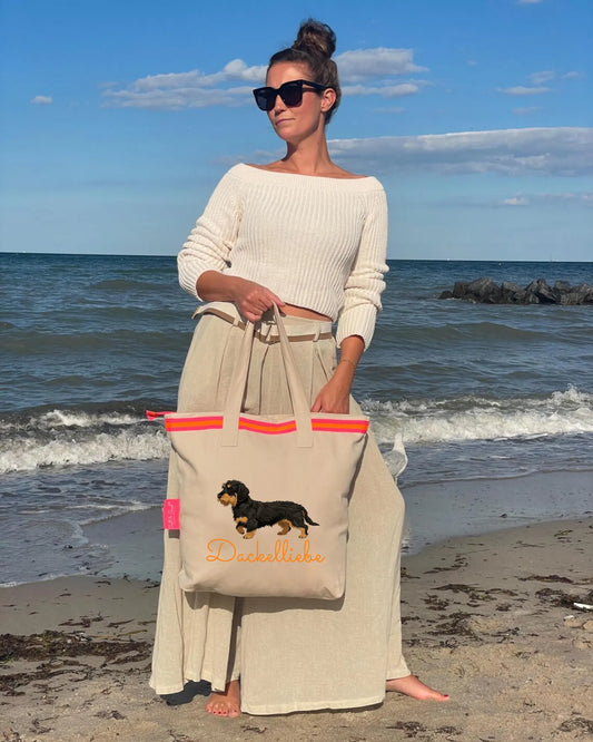Canvas Shopper Tasche beige Dackelliebe Rauhaardackel