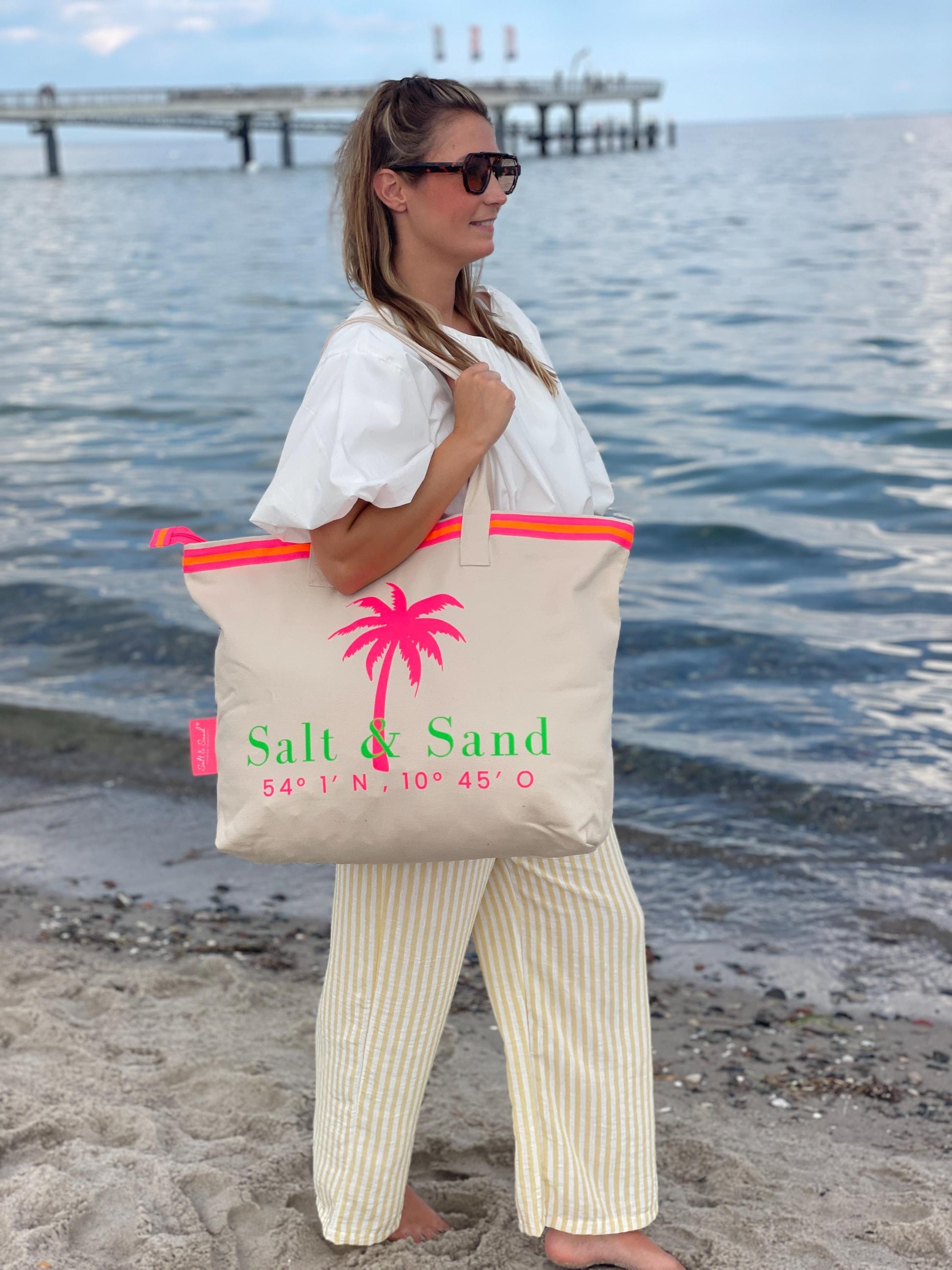 Salt & Sand Canvas Tasche XL bedruckt mit Reißverschluss l beige neon l Tote Bag aesthetic l Tasche Stoff l Strandtasche l Tasche Baumwolle