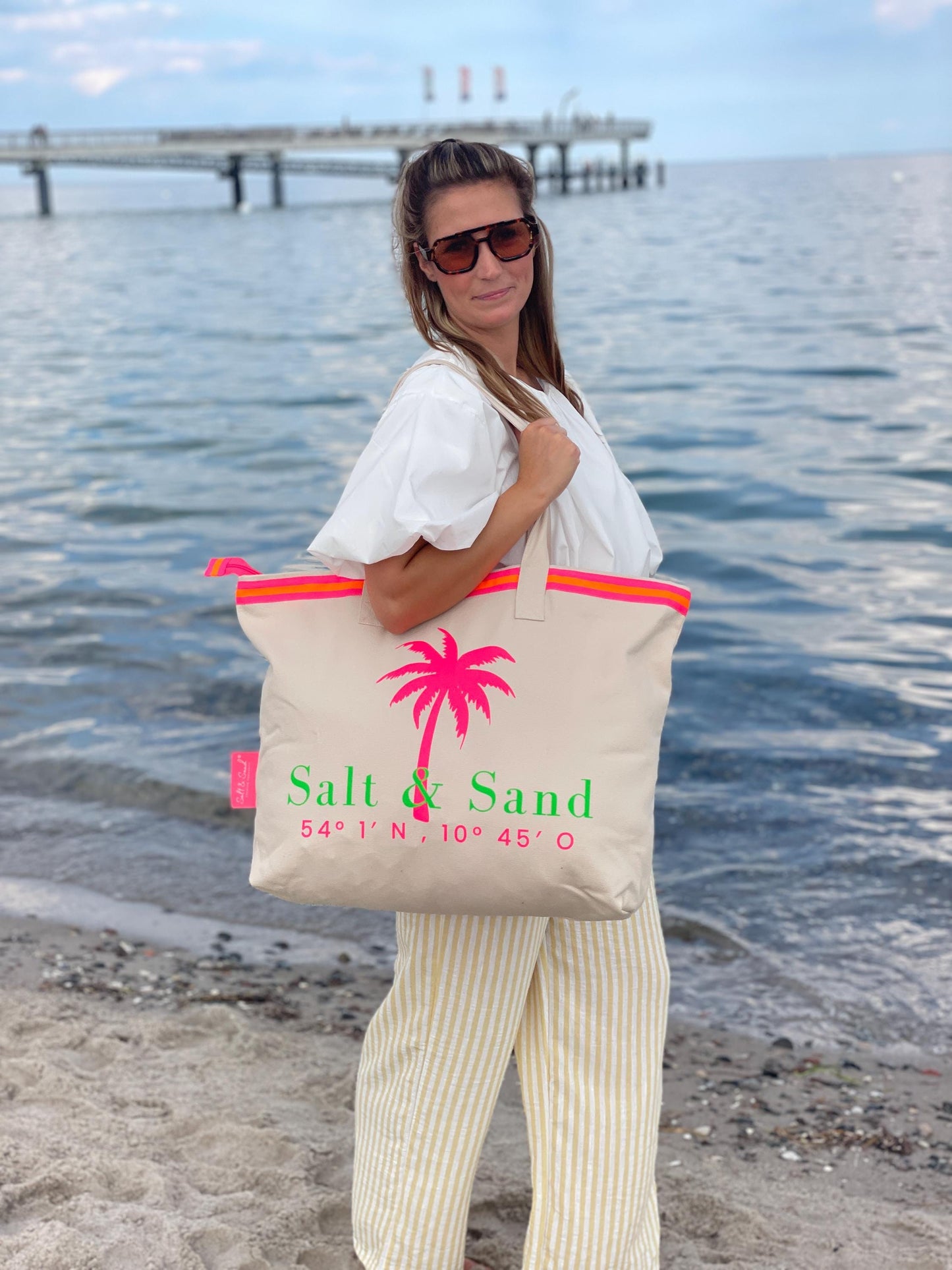 Salt & Sand Canvas Tasche XL bedruckt mit Reißverschluss l beige neon l Tote Bag aesthetic l Tasche Stoff l Strandtasche l Tasche Baumwolle