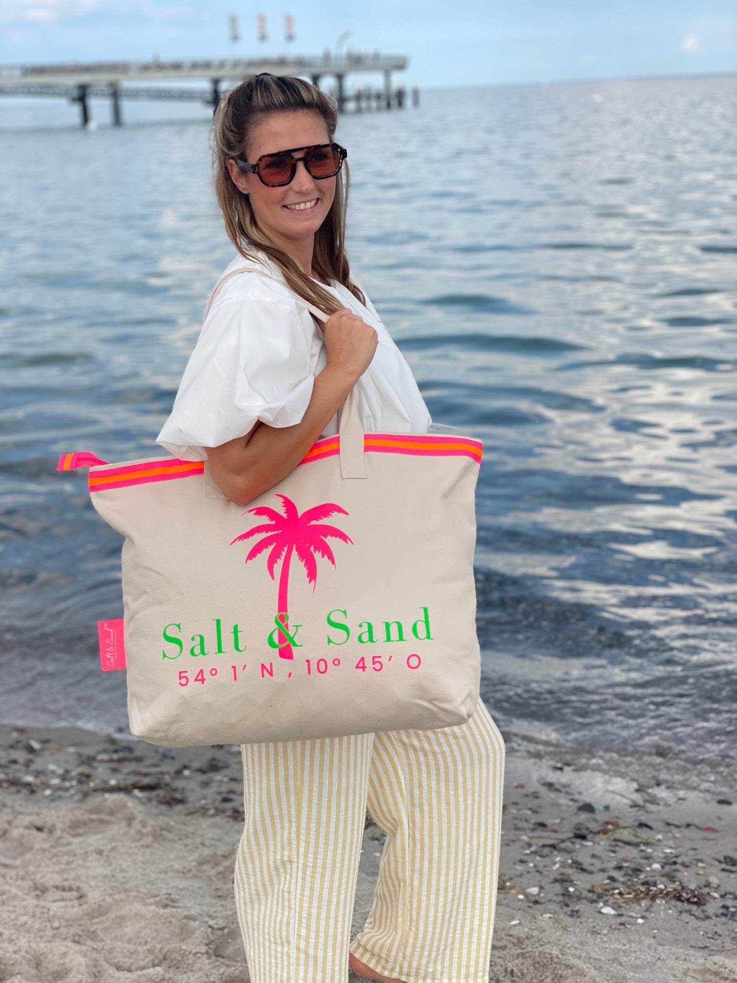 Salt & Sand Canvas Tasche XL bedruckt mit Reißverschluss l beige neon l Tote Bag aesthetic l Tasche Stoff l Strandtasche l Tasche Baumwolle
