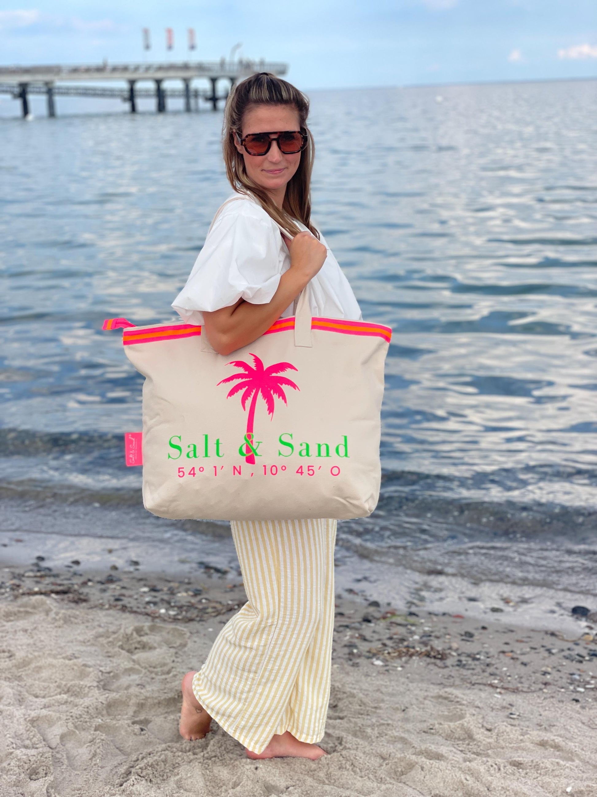 Salt & Sand Canvas Tasche XL bedruckt mit Reißverschluss l beige neon l Tote Bag aesthetic l Tasche Stoff l Strandtasche l Tasche Baumwolle