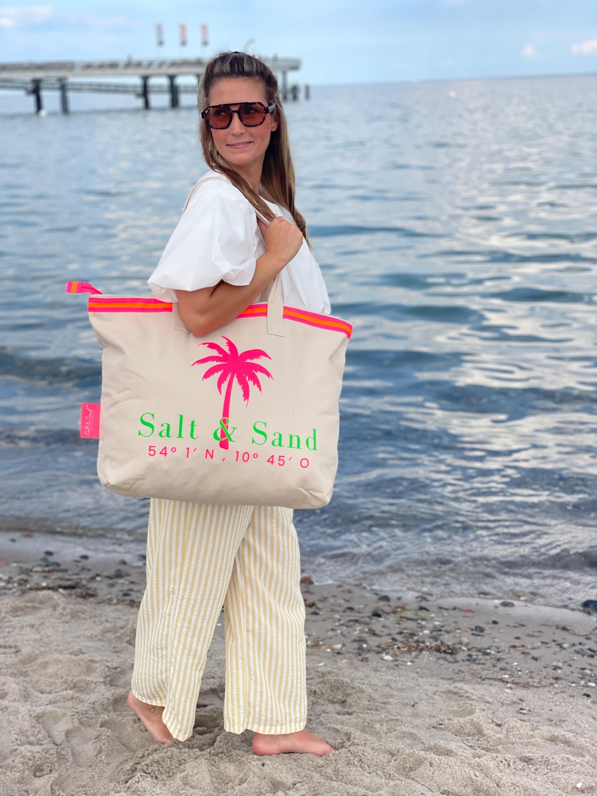 Salt & Sand Canvas Tasche XL bedruckt mit Reißverschluss l beige neon l Tote Bag aesthetic l Tasche Stoff l Strandtasche l Tasche Baumwolle