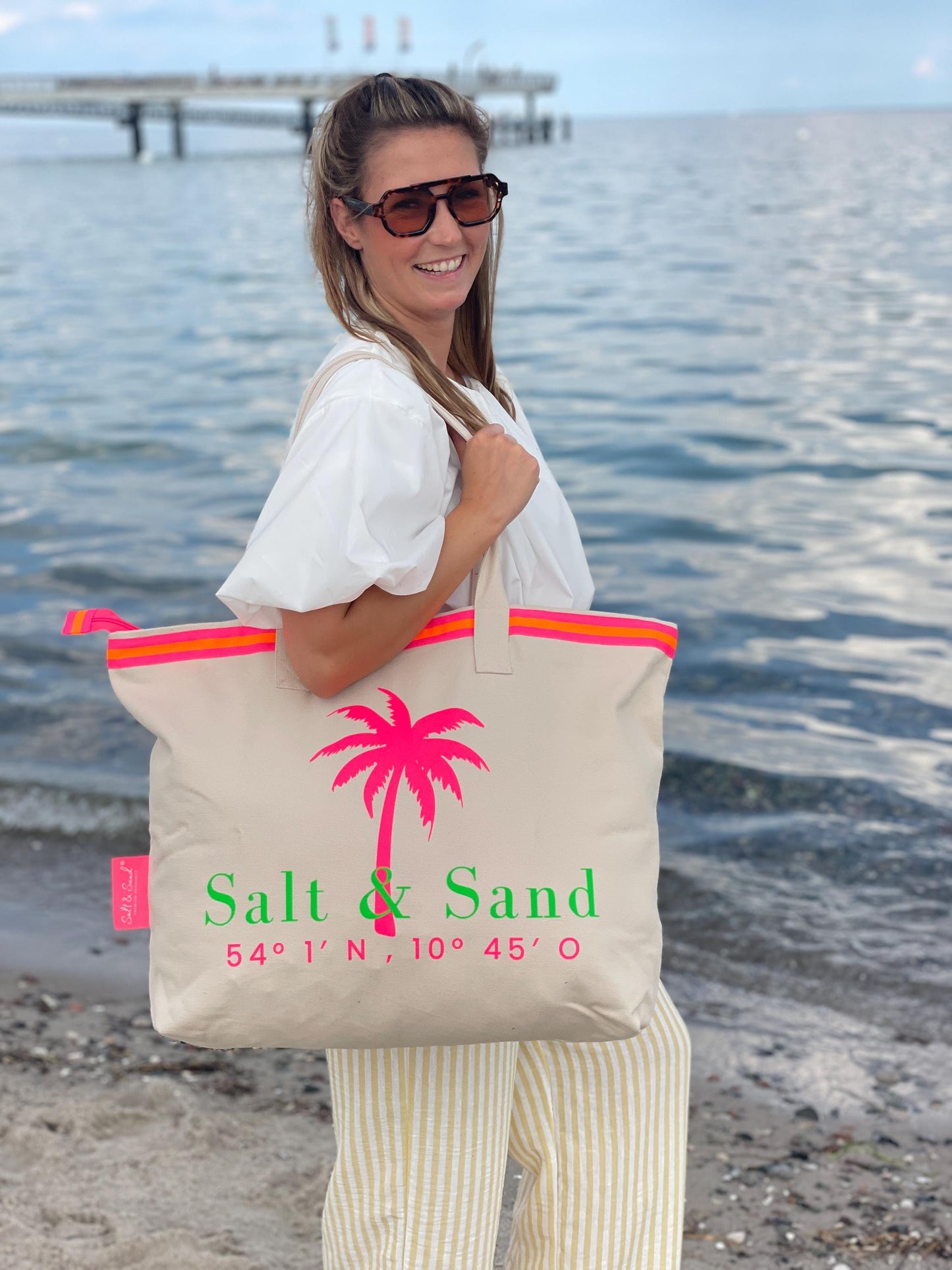 Salt & Sand Canvas Tasche XL bedruckt mit Reißverschluss l beige neon l Tote Bag aesthetic l Tasche Stoff l Strandtasche l Tasche Baumwolle