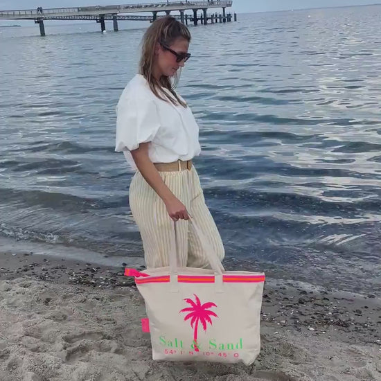 Salt & Sand Canvas Tasche XL bedruckt mit Reißverschluss l beige neon l Tote Bag aesthetic l Tasche Stoff l Strandtasche l Tasche Baumwolle