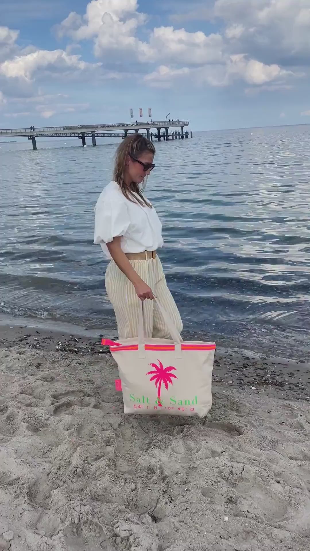 Salt & Sand Canvas Tasche XL bedruckt mit Reißverschluss l beige neon l Tote Bag aesthetic l Tasche Stoff l Strandtasche l Tasche Baumwolle